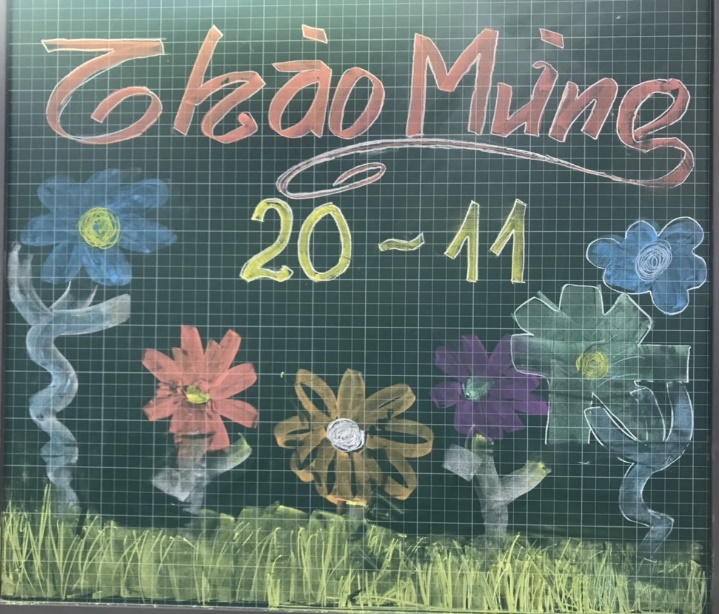 A chalkboard with flowers and text

Description automatically generated